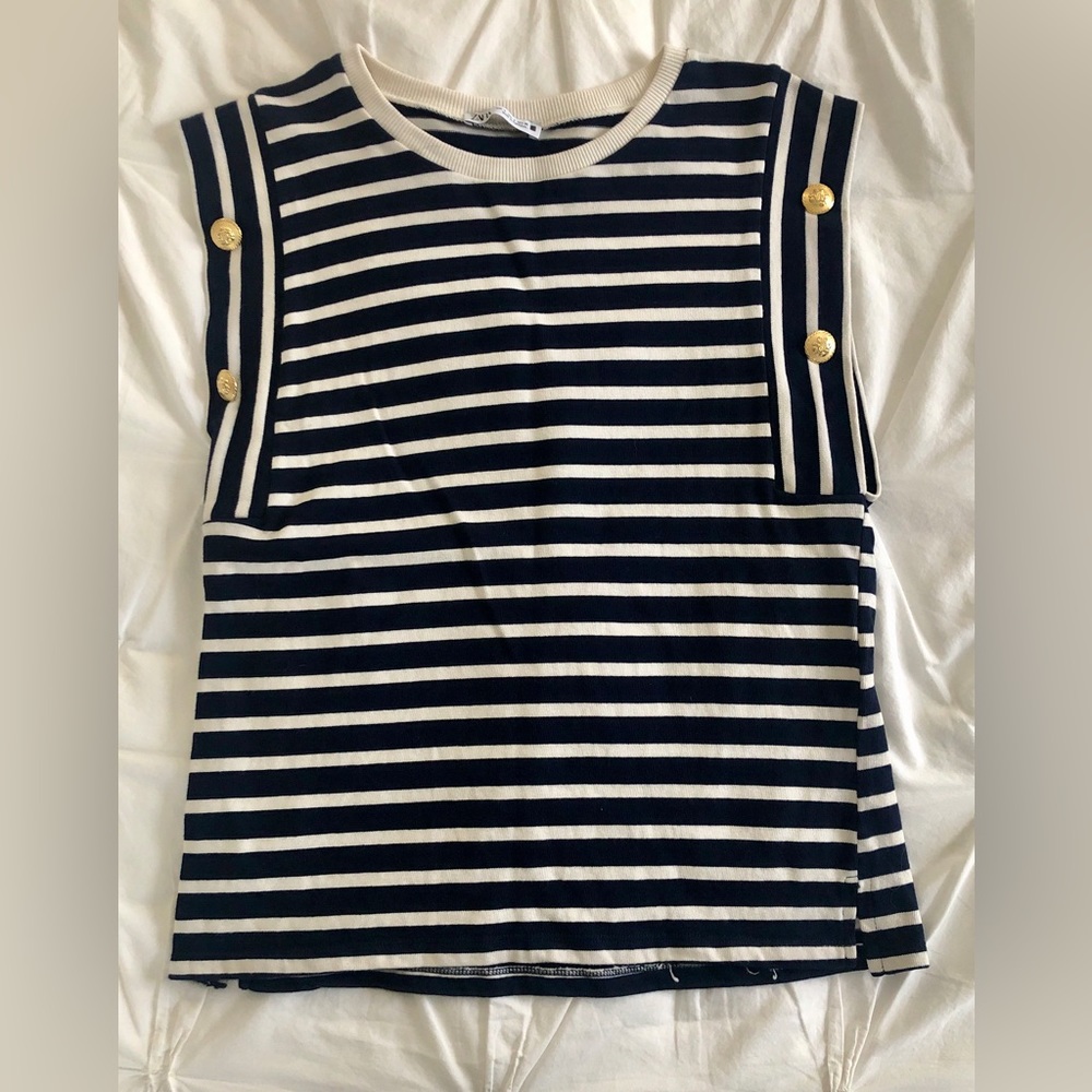 Zara Nautical Detail Navy & White Striped Top w/ Gold Buttons Size XS